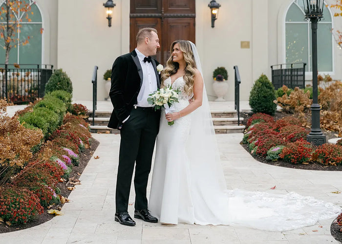 Real Bride Erin's Elegant Fall Wedding in the SHAKIRA Gown & Matching Lace Veil | Eddy K Bride
