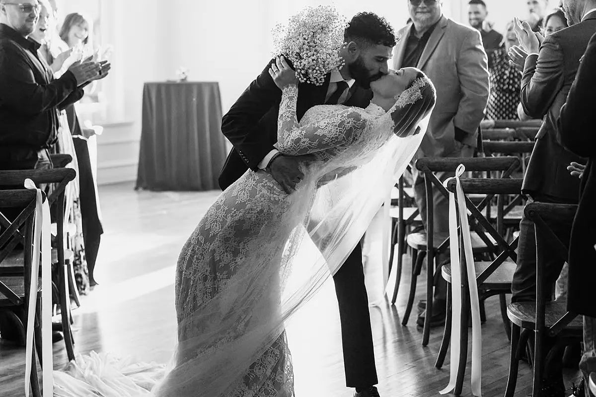 Real Bride Kathy's Wisconsin Wedding in the AQUA Long Sleeve Gown | Eddy K Bride