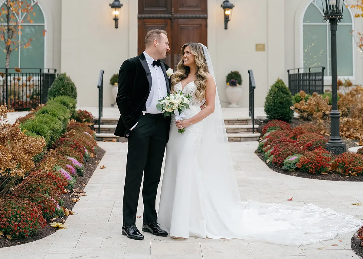 Real Bride Erin's Elegant Fall Wedding in the SHAKIRA Gown & Matching Lace Veil | Eddy K Bride